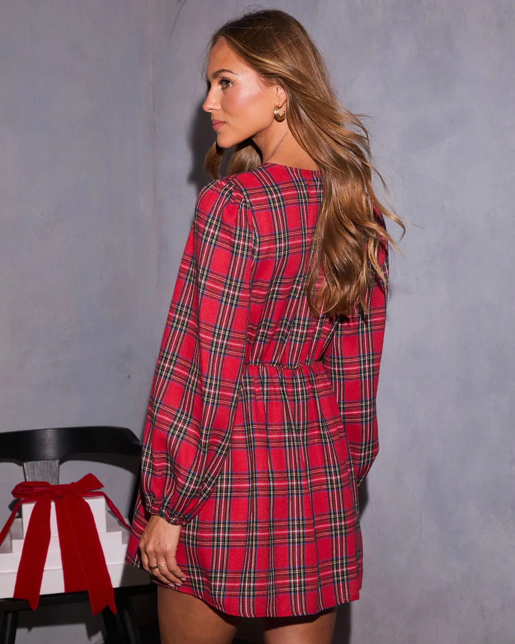 Alede Velvet Bow Plaid Mini Dress sold by Vici product image thumbnail 4