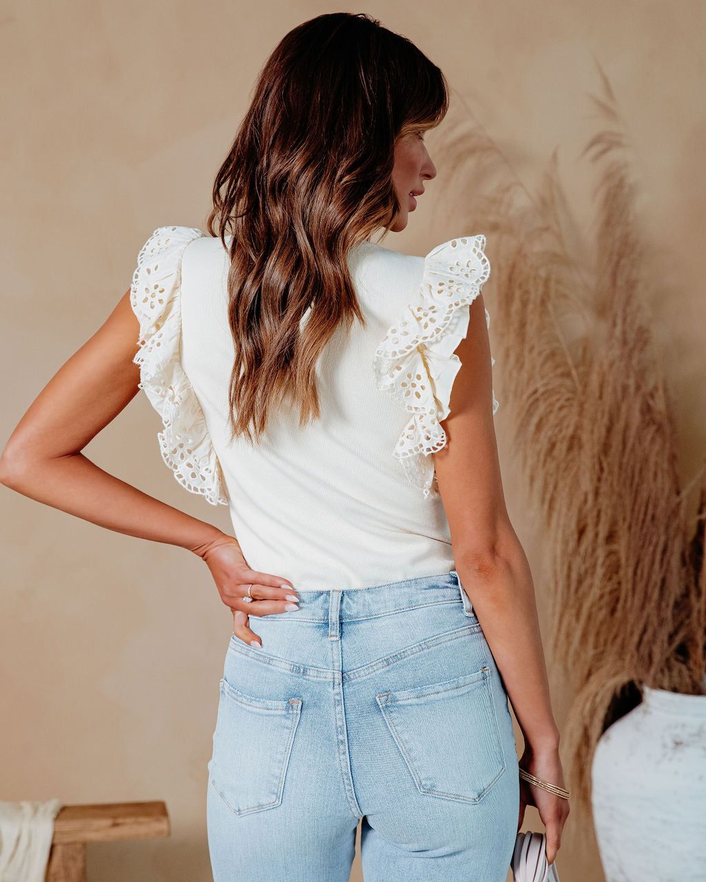 Something Special Ribbed Cotton Eyelet Flutter Sleeve Top - Cream - FINAL SALE sold by Vici product image thumbnail 4