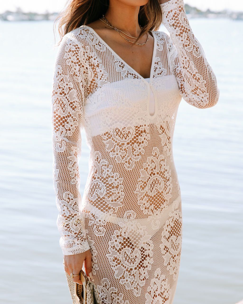 Aubriella Crochet Knit Cover Up Midi Dress - White - FINAL SALE sold by Vici product image thumbnail 2