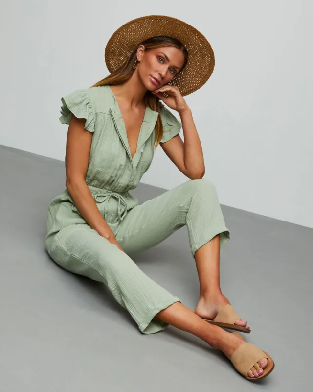 Loyal Pocketed Ruffle Jumpsuit sold by Vici