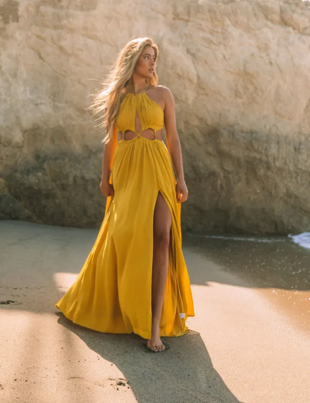 Cailey Cutout Halter Maxi Dress - Moss Yellow - FINAL SALE sold by Vici