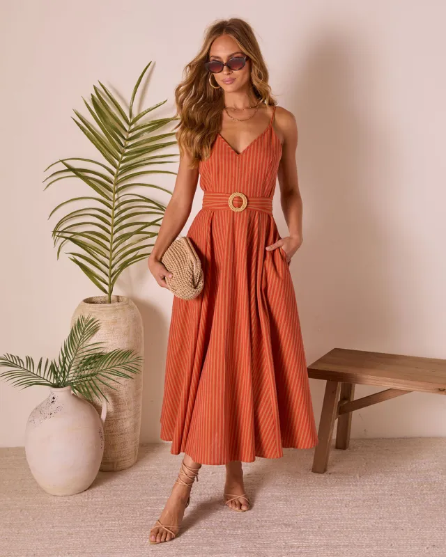 Bungalow Bliss Striped Belted Midi Dress sold by Vici