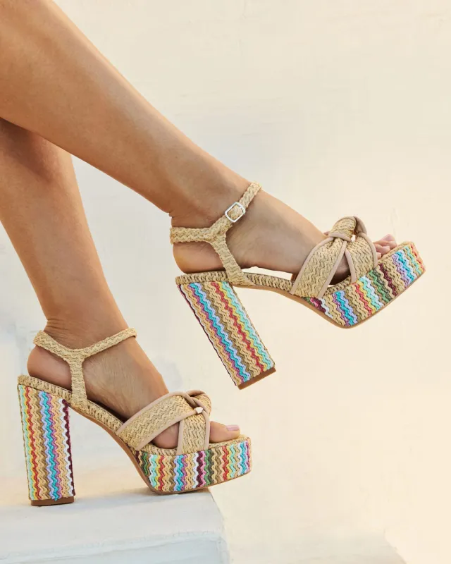 Vacay Vibes Multi Color Embroidered Platform Raffia Heels sold by Vici