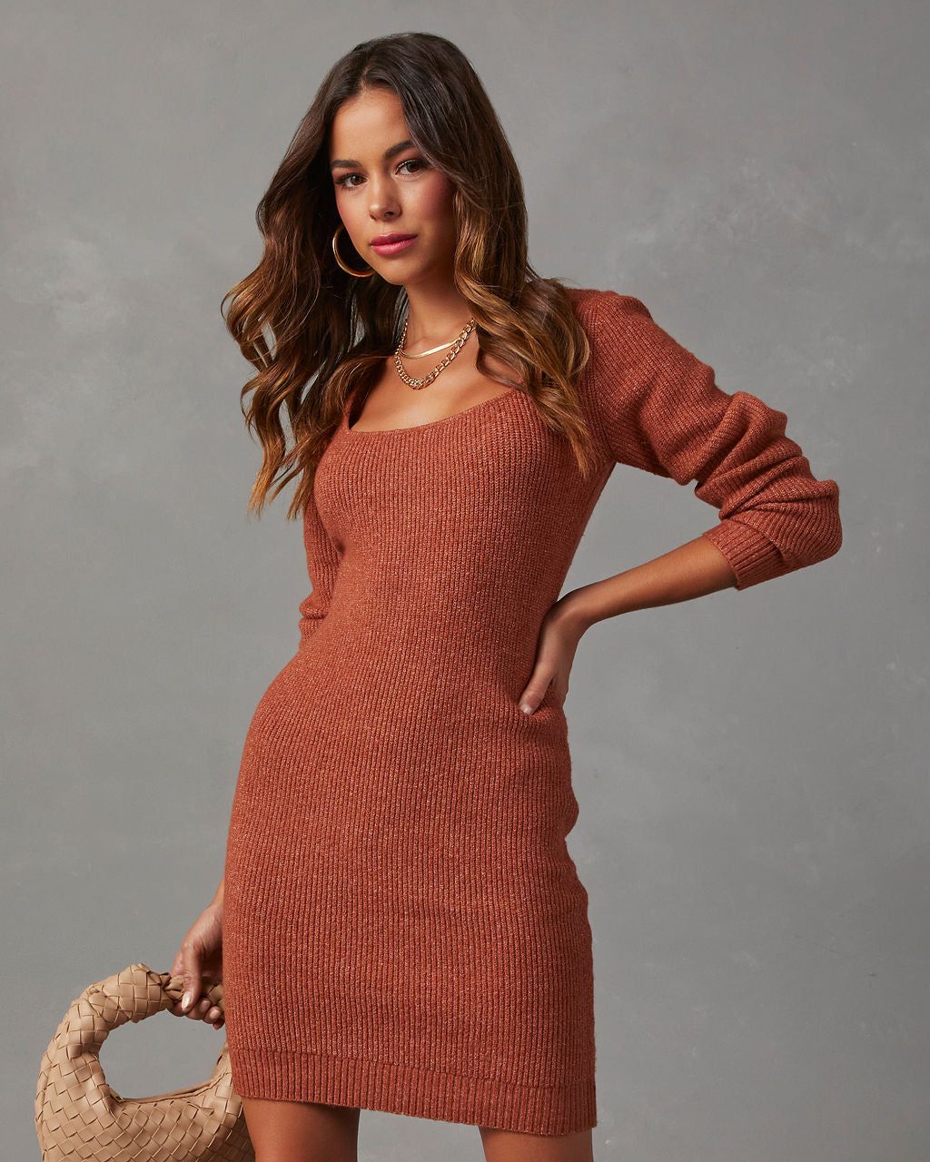 Aniyah Ribbed Mini Sweater Dress - Rust Orange sold by Vici product image thumbnail 2