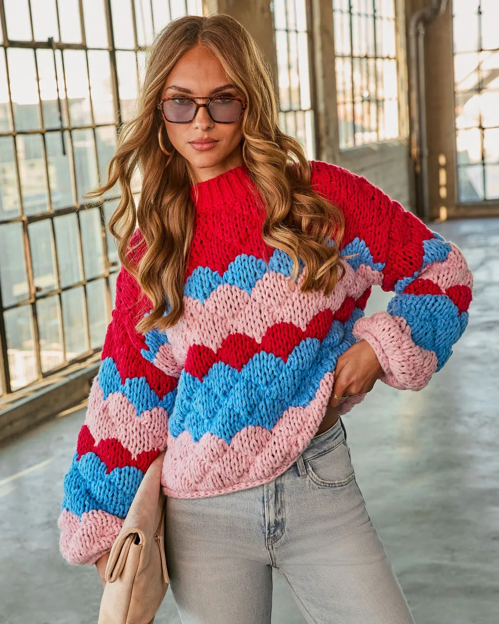 Freyie Abstract Mock Neck Chunky Knit Sweater sold by Vici