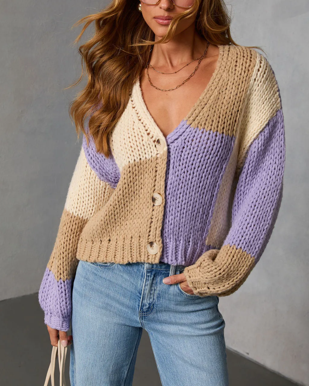 Calm Hour Chunky Color Block Cardigan sold by Vici