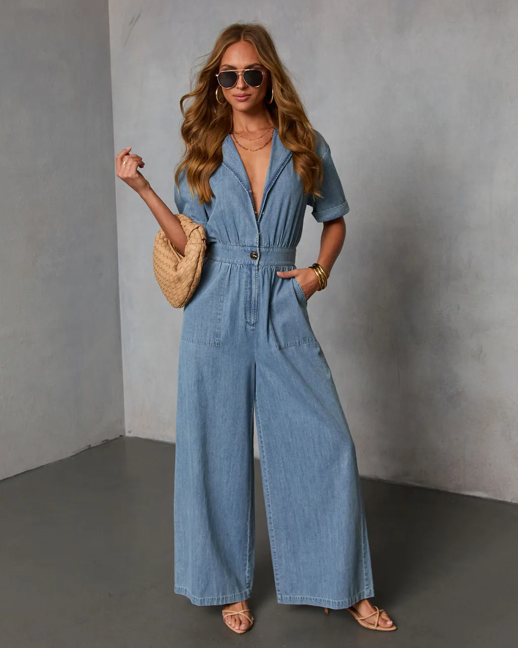 Cortado Short Sleeve Denim Jumpsuit sold by Vici