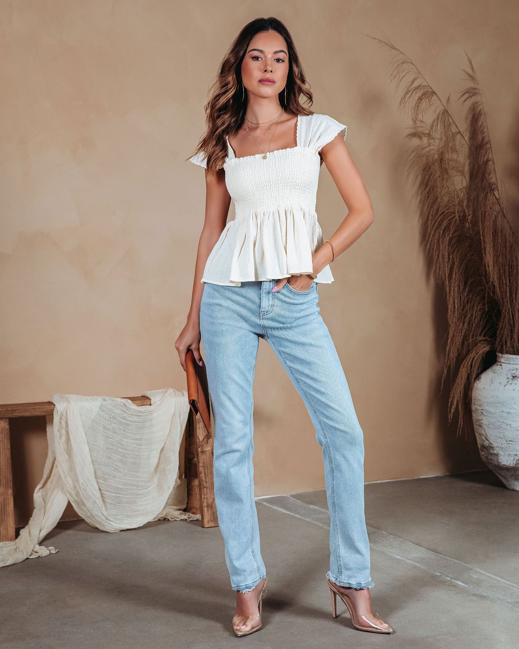 Aviva Cotton Linen Blend Smocked Top - Cream - FINAL SALE sold by Vici product image thumbnail 3