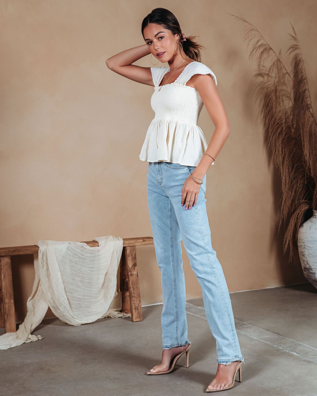 Aviva Cotton Linen Blend Smocked Top - Cream - FINAL SALE sold by Vici product image thumbnail 5