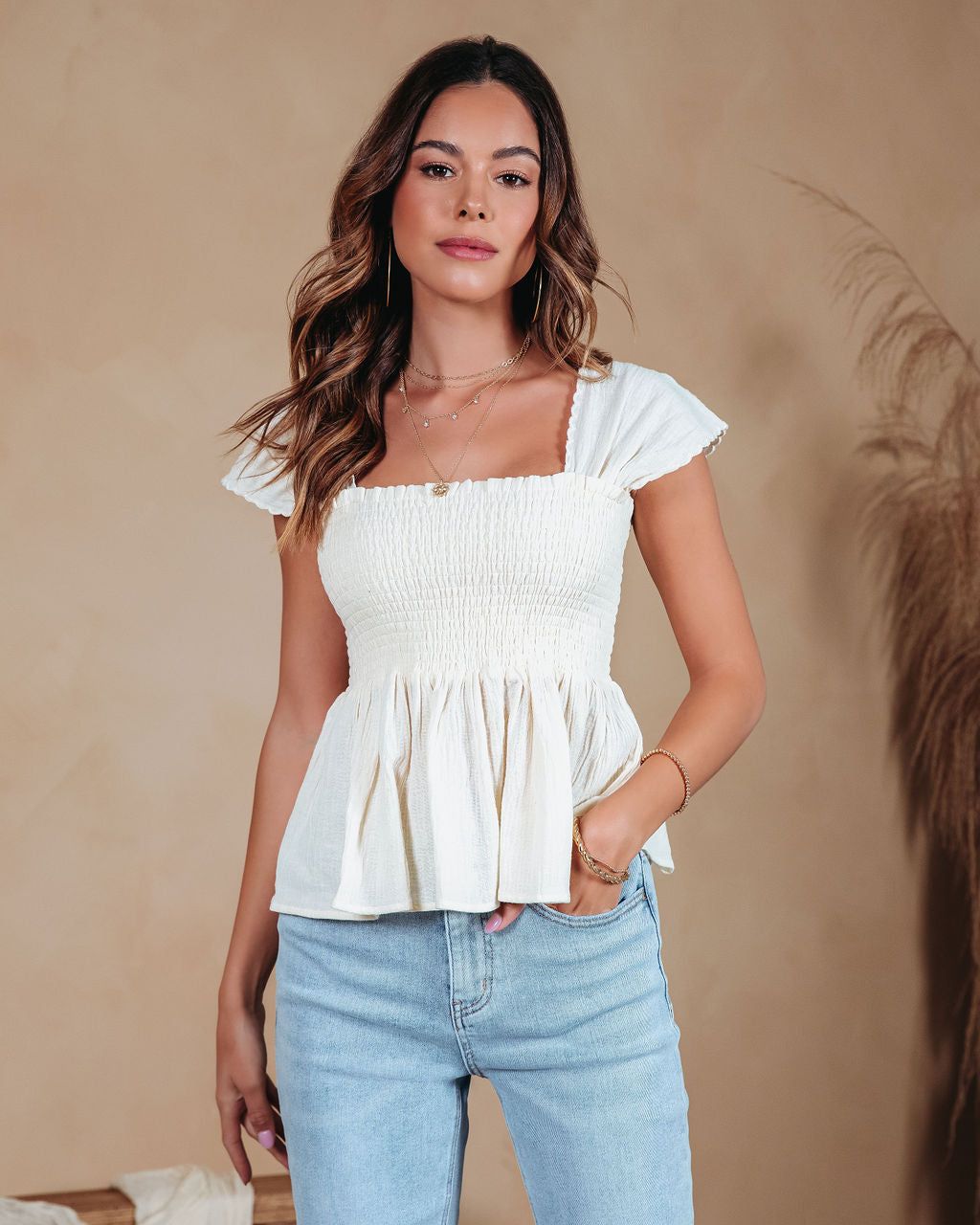 Aviva Cotton Linen Blend Smocked Top - Cream - FINAL SALE sold by Vici product image thumbnail 6