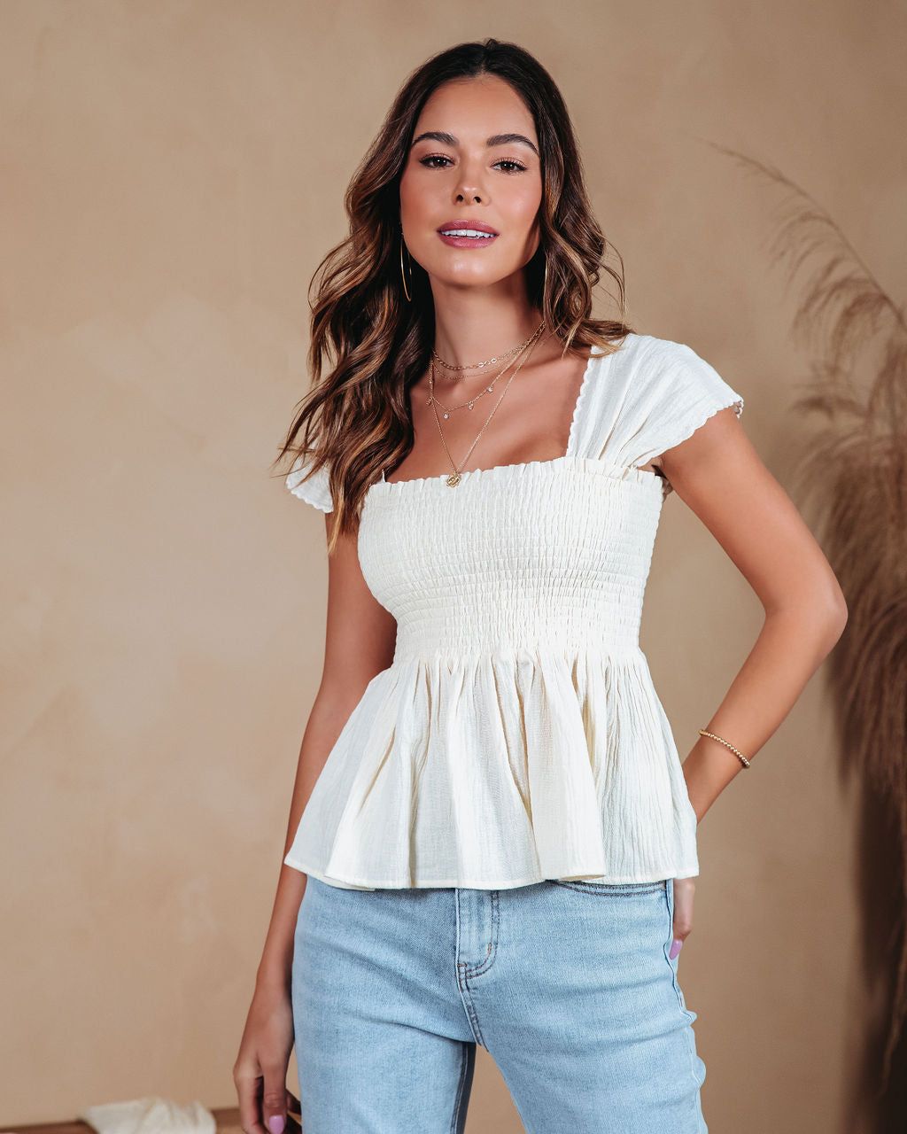 Aviva Cotton Linen Blend Smocked Top - Cream - FINAL SALE sold by Vici