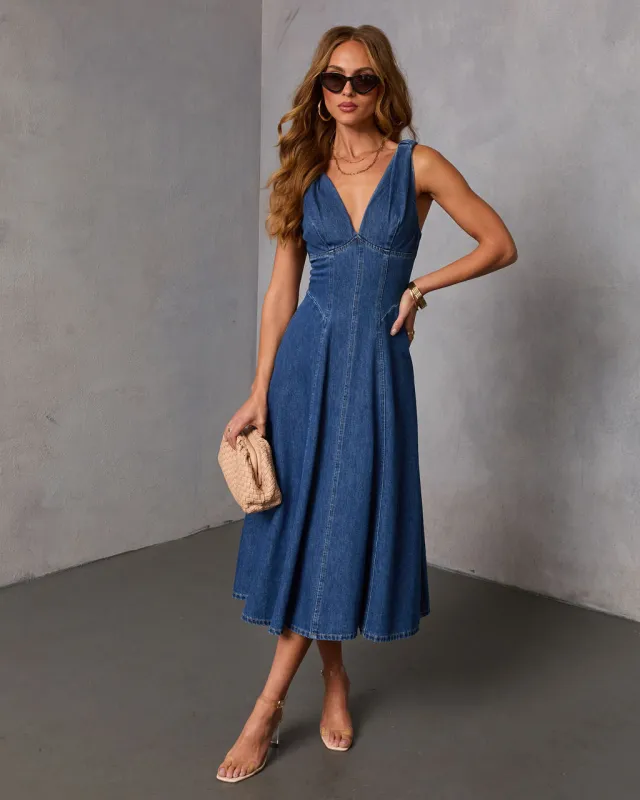 Karlien Denim V Neckline Midi Dress sold by Vici