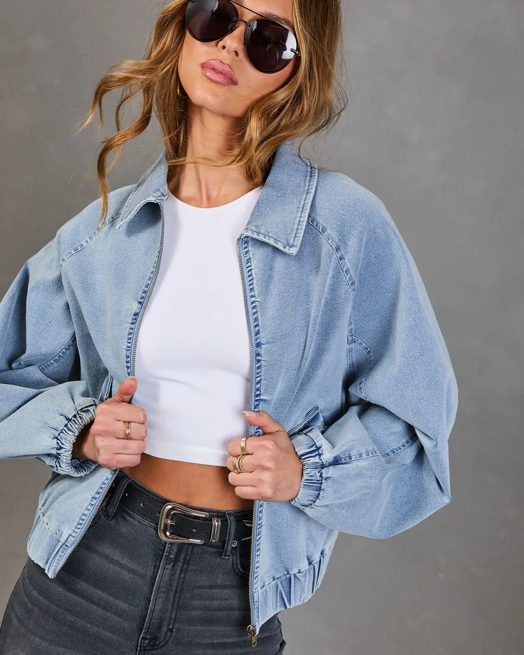 Free Spirits Denim Bomber Jacket sold by Vici