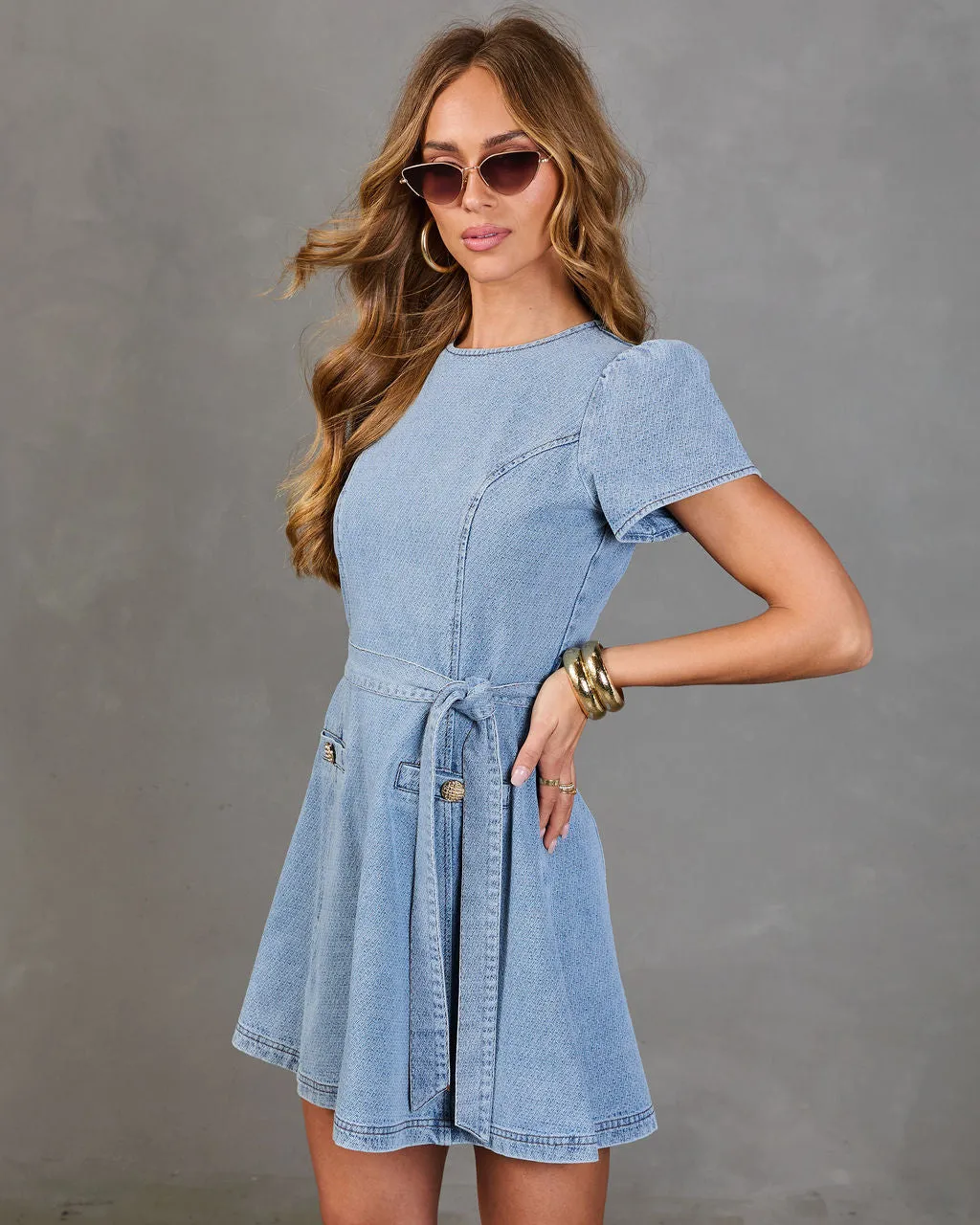 Dover Waist Tie Denim Mini Dress sold by Vici product image thumbnail 3