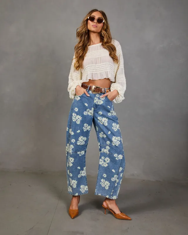Daisy Ridge Rigid Barrel Leg Mid Rise Floral Jeans sold by Vici