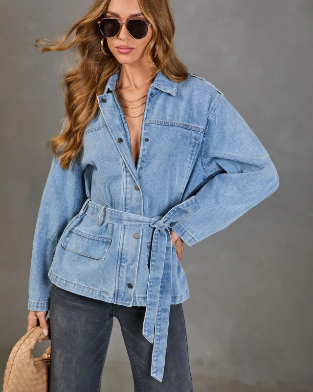 Weekend In Blue Waist Tie Denim Jacket made by Vici