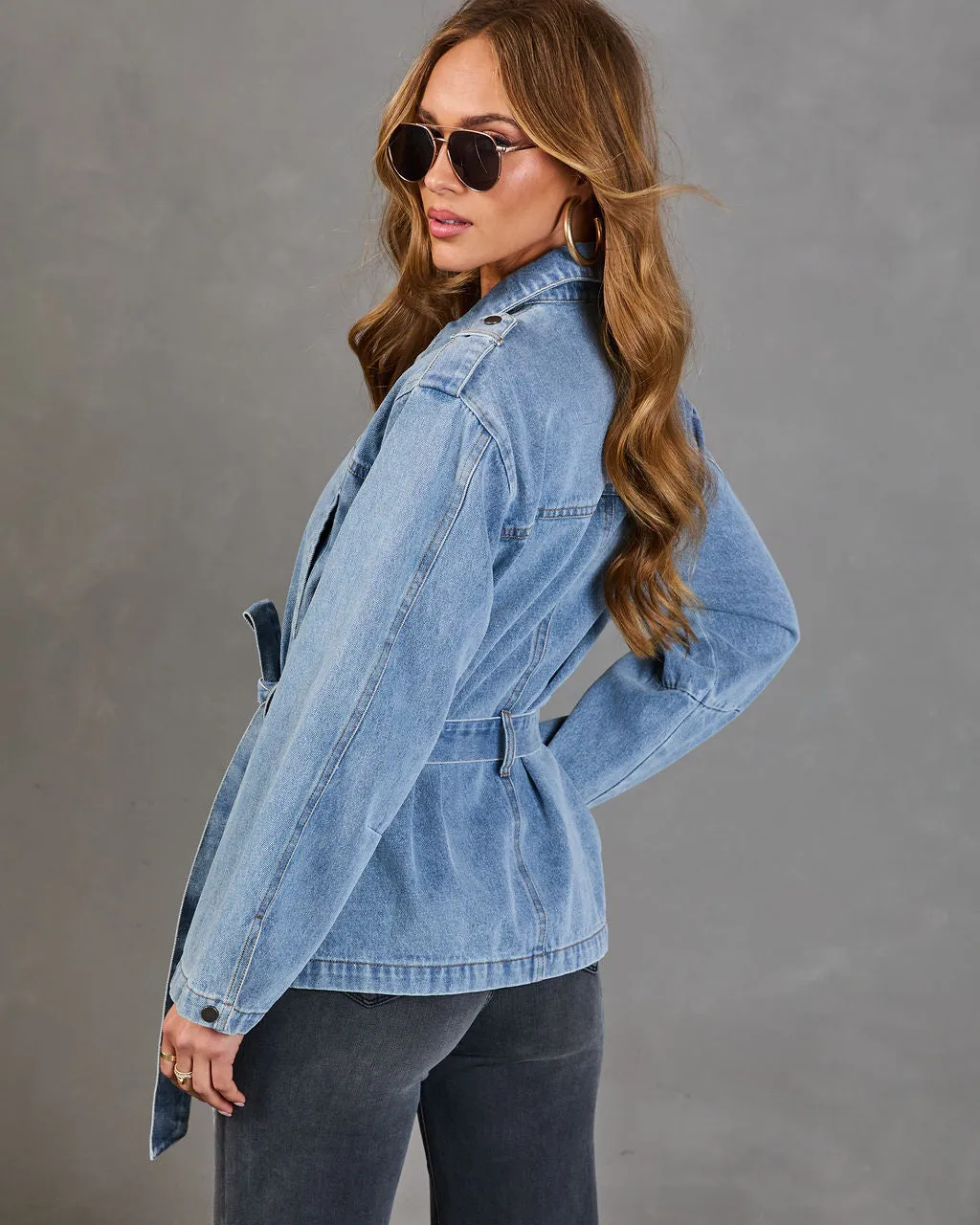 Weekend In Blue Waist Tie Denim Jacket sold by Vici product image thumbnail 4