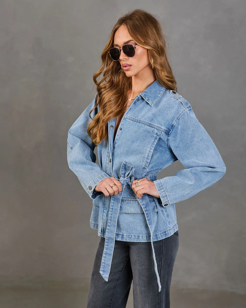 Weekend In Blue Waist Tie Denim Jacket sold by Vici product image thumbnail 3