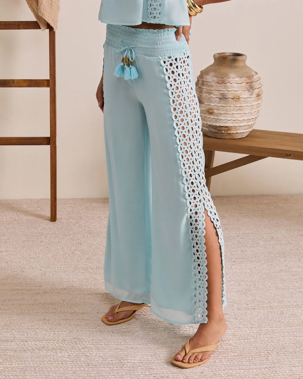 Sunlit Palm Drawstring Relaxed Eyelet Trim Pants sold by Vici product image thumbnail 3