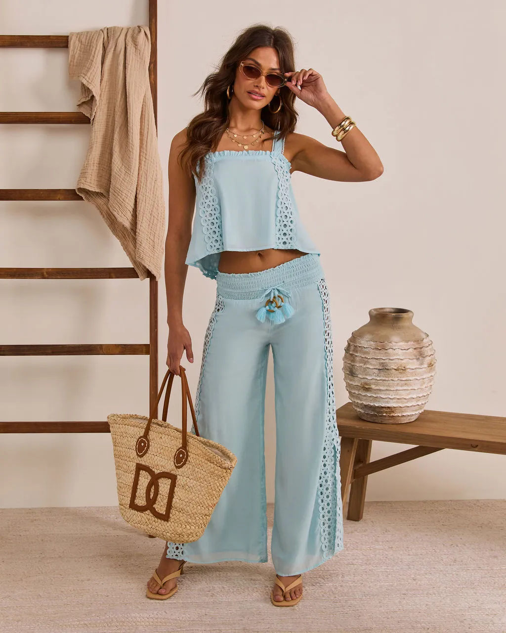 Sunlit Palm Drawstring Relaxed Eyelet Trim Pants sold by Vici product image thumbnail 5