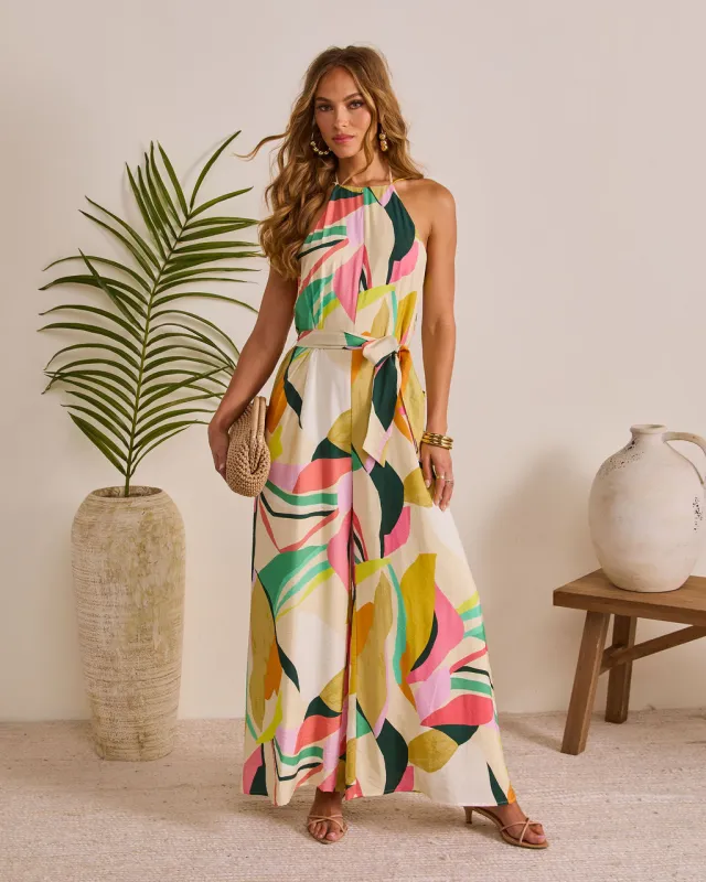Vacation Crush Abstract Halter Jumpsuit sold by Vici