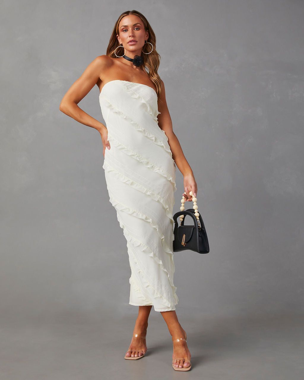 Baylie Strapless Ruffle Stitch Maxi Dress - Ivory - SALE sold by Vici