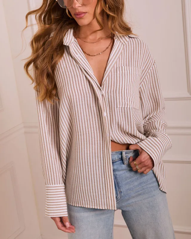 Slow Reveal Striped Button Down Top sold by Vici