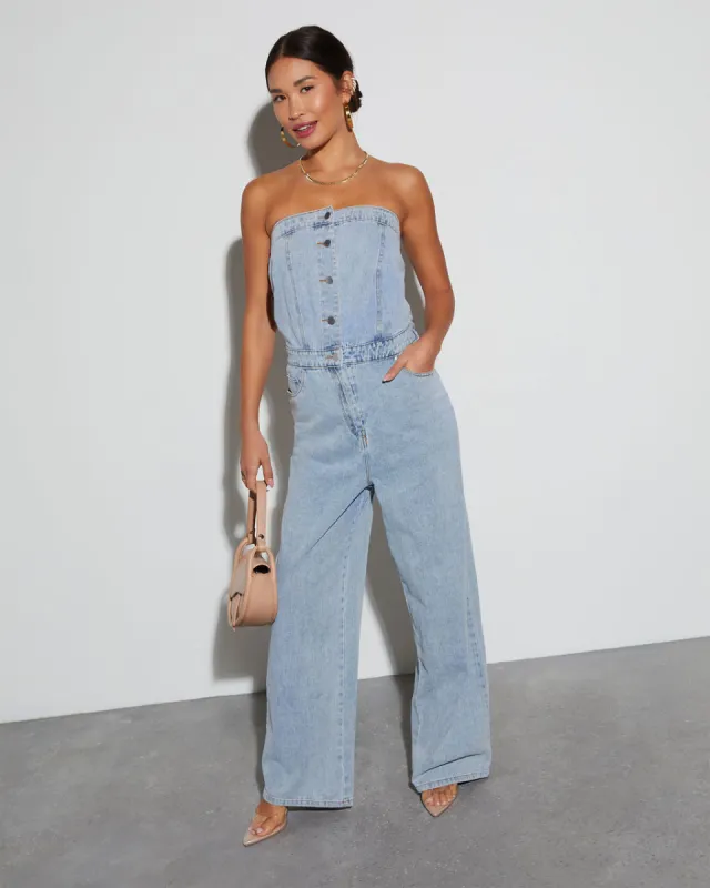 Beverly Strapless Denim Jumpsuit sold by Vici