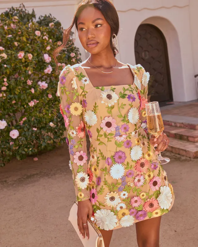 Bloom Ahead Mesh Floral Applique Mini Dress sold by Vici