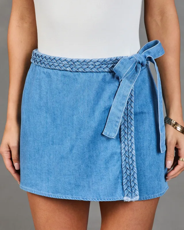 Annalie Wrap Denim Mini Skort sold by Vici
