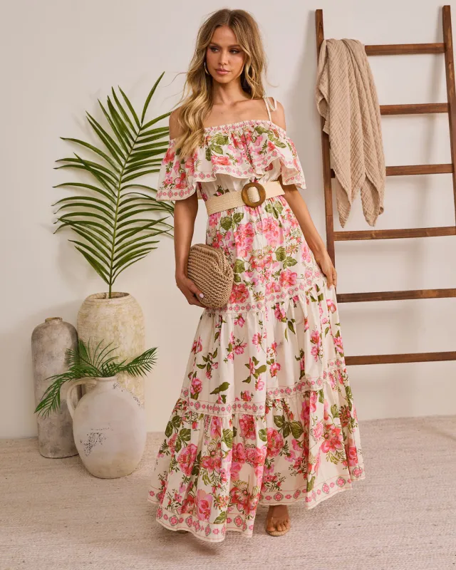 Morning Ease Belted Off The Shoulder Floral Maxi Dress sold by Vici