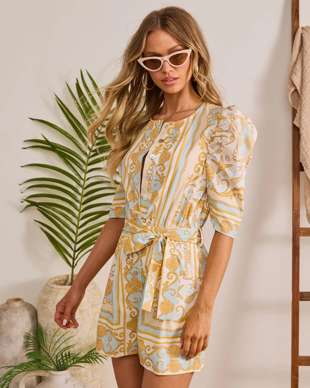 Golden Shore Nautical Print Waist Tie Romper sold by Vici product image thumbnail 3