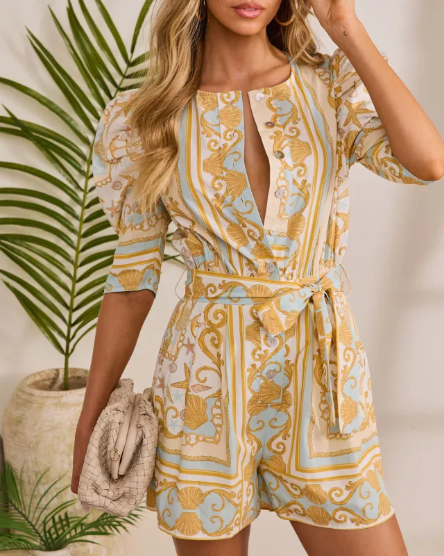 Golden Shore Nautical Print Waist Tie Romper sold by Vici