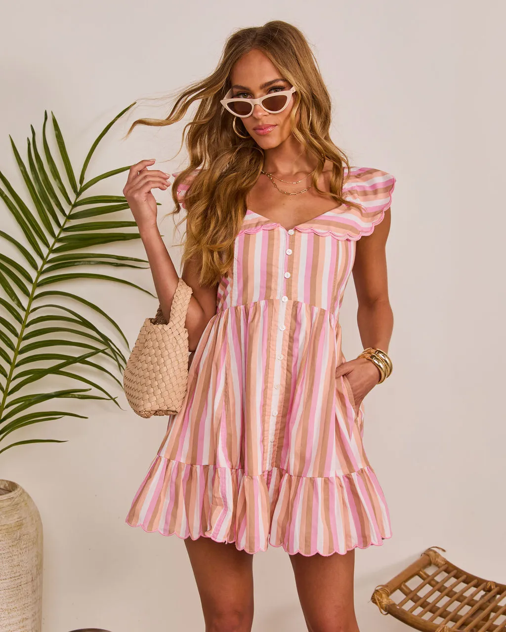 Seaside Pier Ruffle Striped Mini Dress sold by Vici