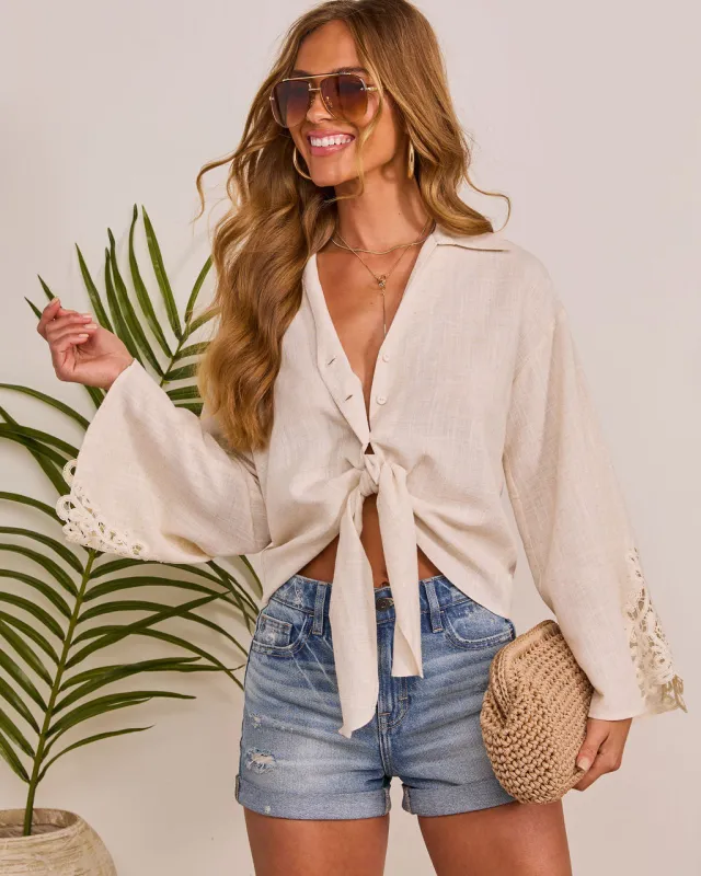 Warm Dune Bell Sleeve Front Tie Top made by Vici