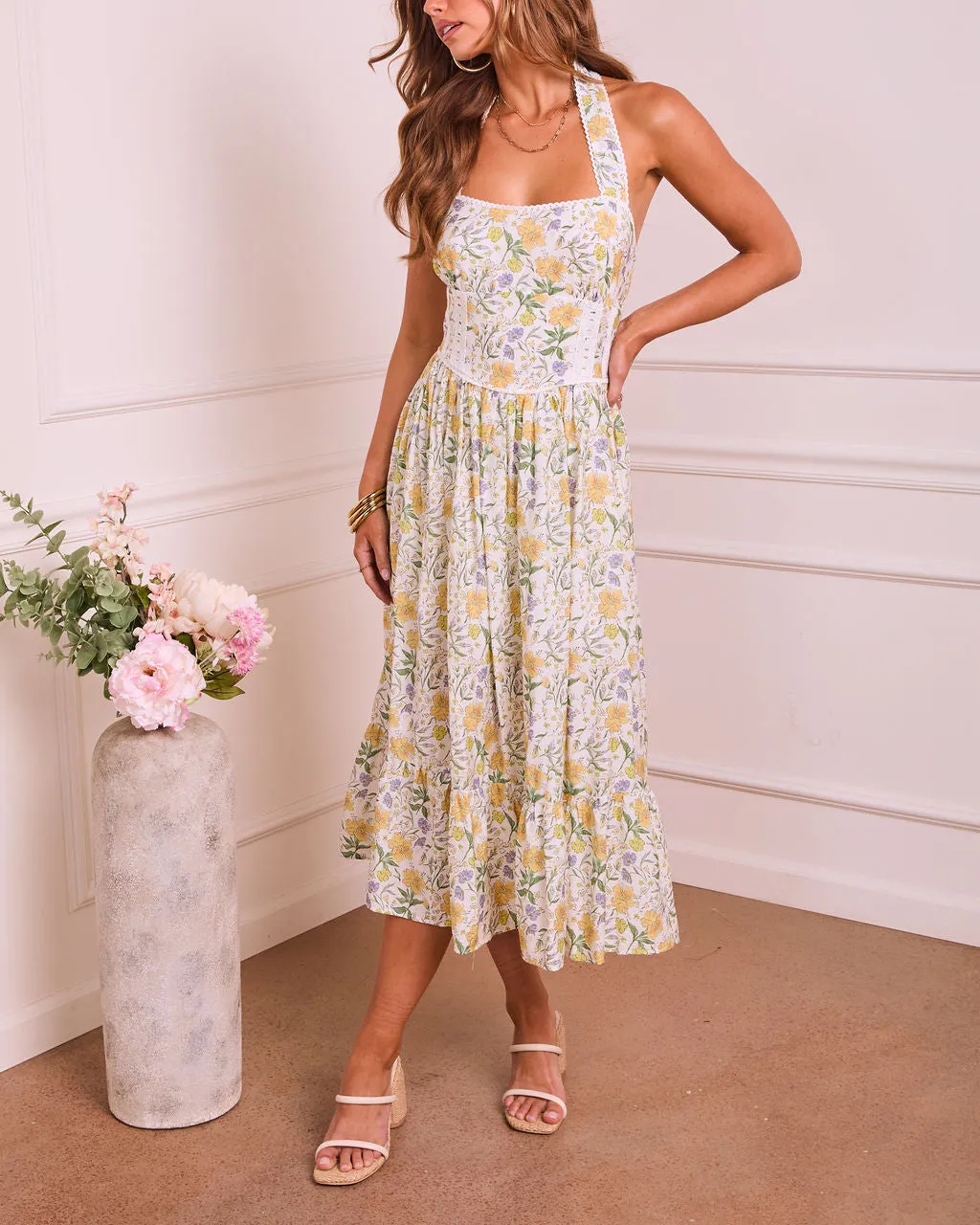 Sunlit Horizon Floral Halter Neck Midi Dress sold by Vici product image thumbnail 3