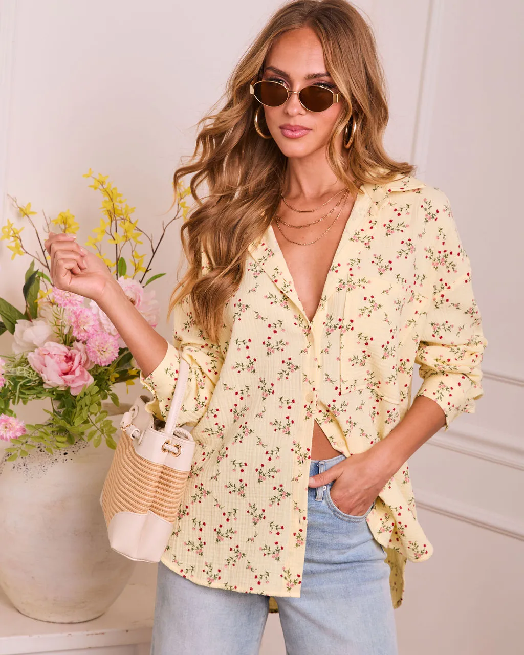 Rosy Dawn Floral Button Down Top sold by Vici