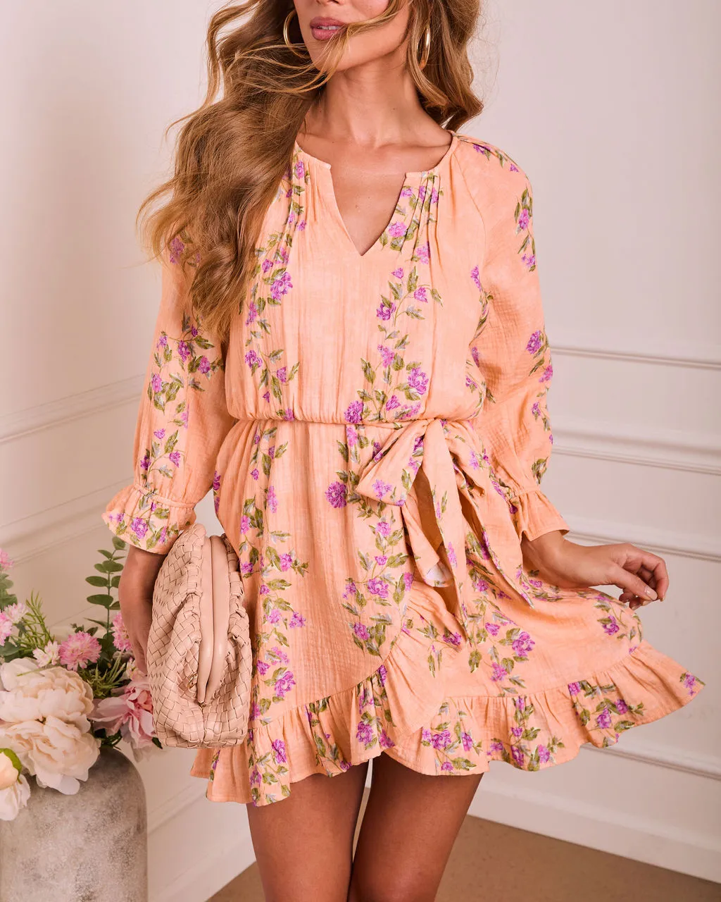 Soft Spoken Letter Floral Wrap Mini Dress sold by Vici product image thumbnail 5