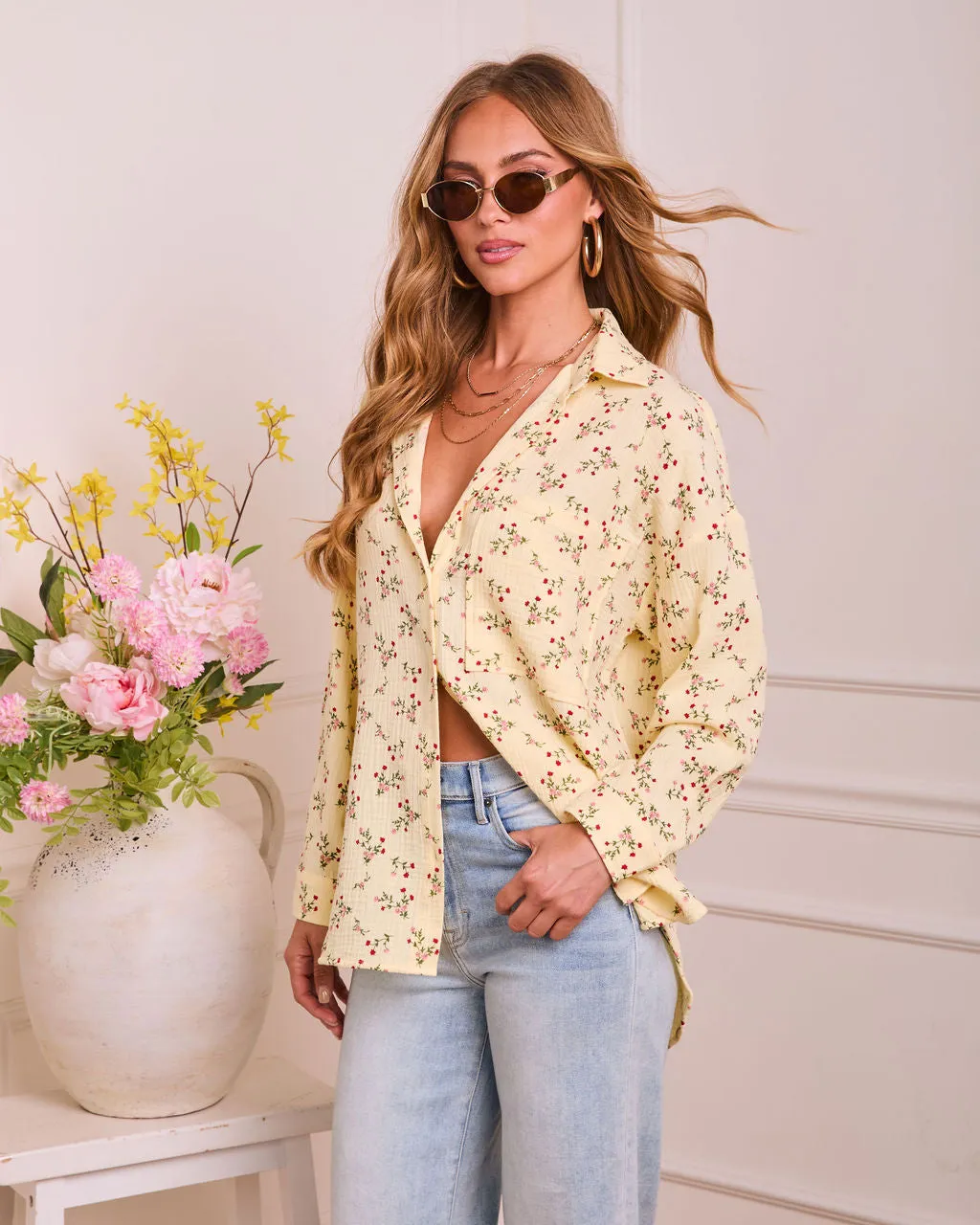 Rosy Dawn Floral Cotton Button Down Top sold by Vici product image thumbnail 3