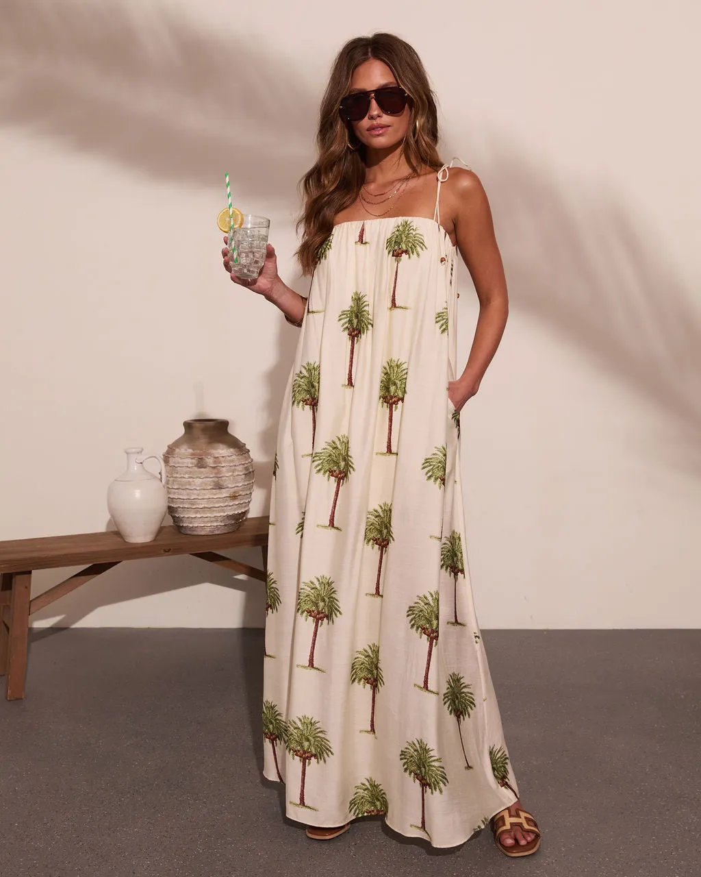 Tropic Treasure Palm Print Maxi Dress sold by Vici