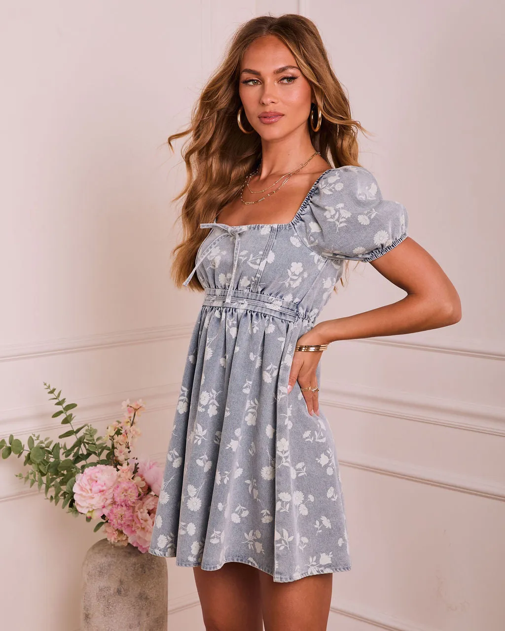 Bloom Darling Floral Denim Puff Sleeve Mini Dress sold by Vici product image thumbnail 3