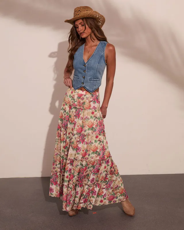 Honey Daze Tiered Floral Mesh Maxi Skirt made by Vici