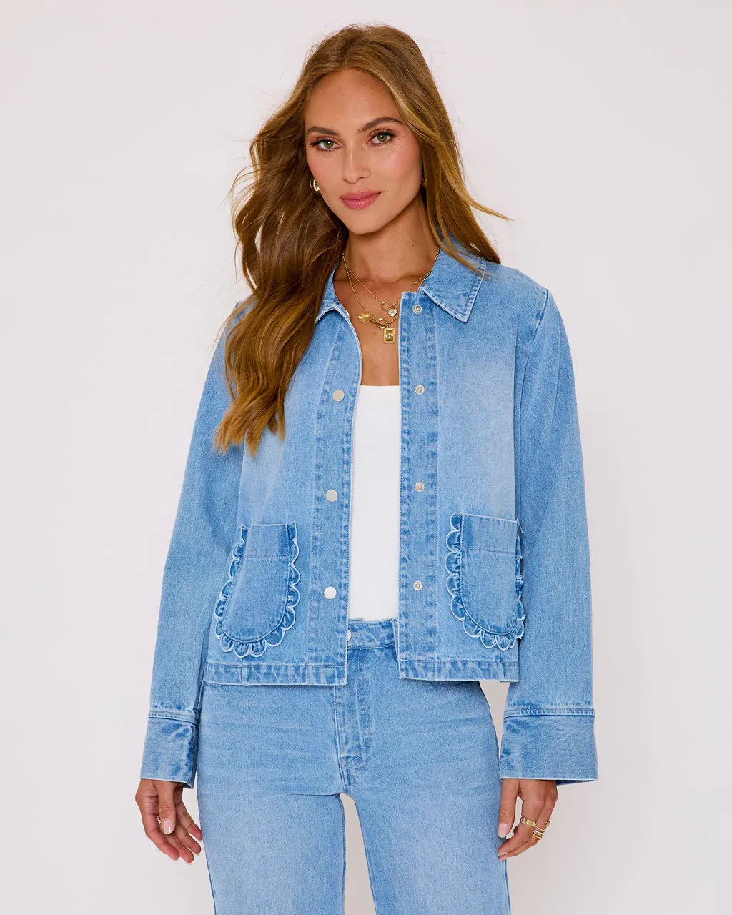 Sharleen Denim Button Down Top sold by Vici
