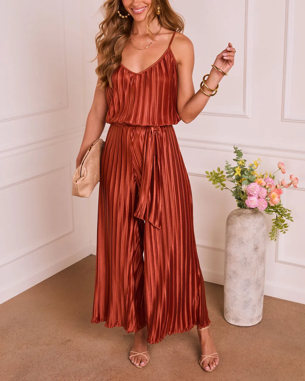 Amabel Satin Plisse Wrap Tie Jumpsuit sold by Vici product image thumbnail 5