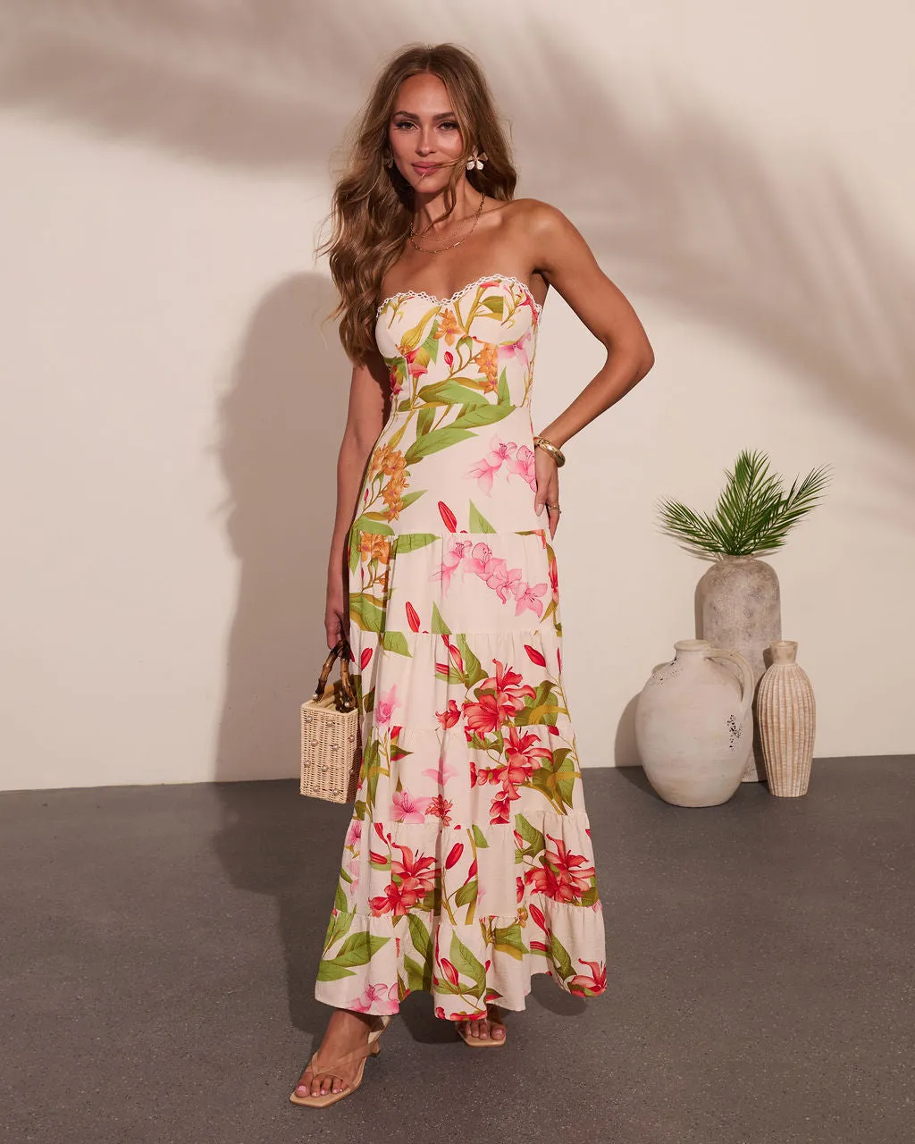 Tropic Mood Strapless Floral Print Maxi Dress sold by Vici