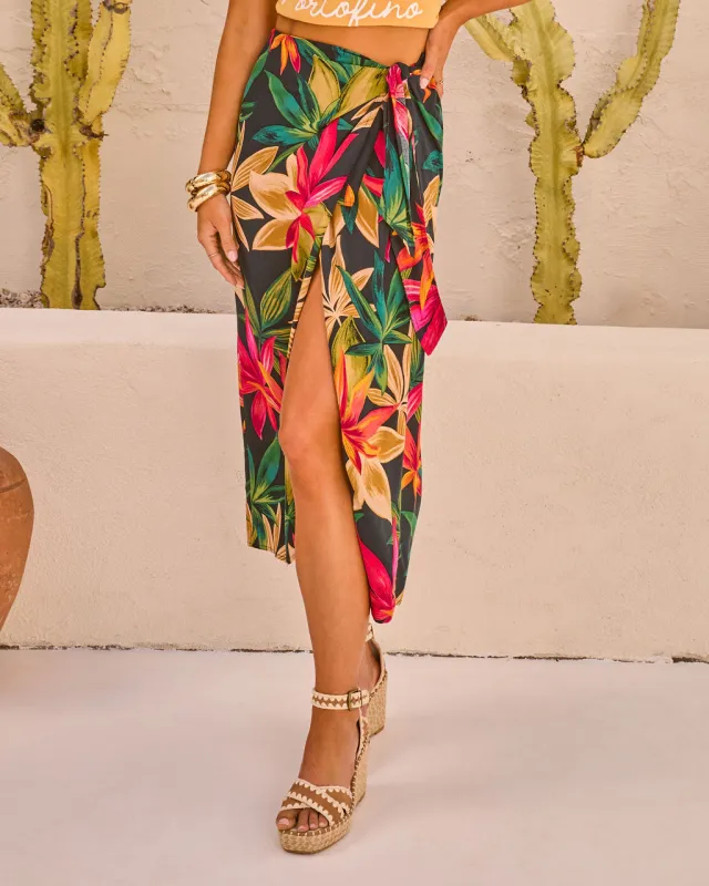Kaanapali Linen Blend Tropical Print Wrap Midi Skirt made by Vici