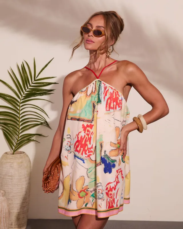 Sunlit Splash Abstract Print Halter Neck Mini Dress made by Vici