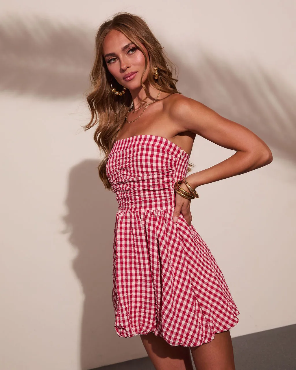 Harbor Stripe Bubble Hem Gingham Print Mini Dress sold by Vici product image thumbnail 3