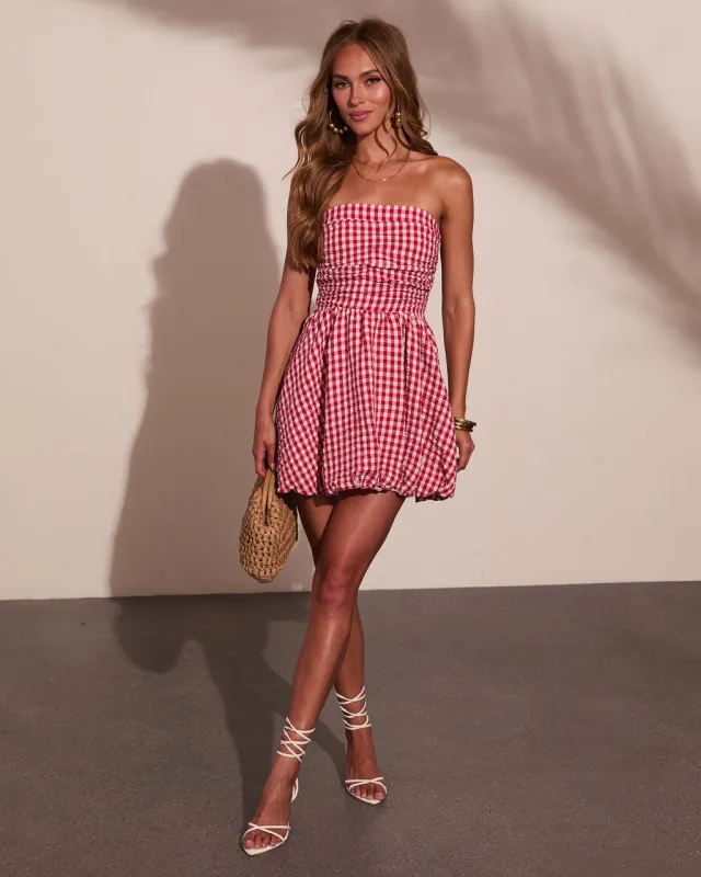 Harbor Stripe Bubble Hem Gingham Print Mini Dress made by Vici