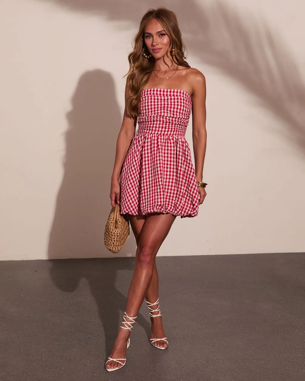 Harbor Stripe Bubble Hem Gingham Print Mini Dress sold by Vici